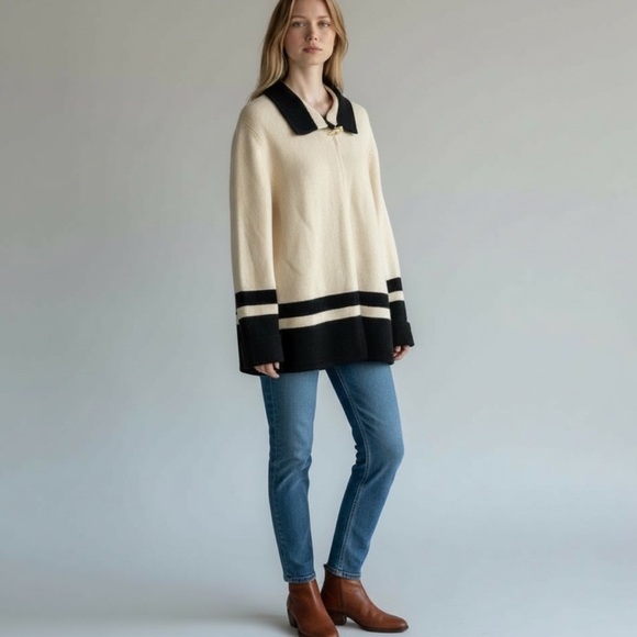 LAUREN Ralph Lauren Cream and Navy Jacket Sweater 100% Lambswool EUC    size XL - Picture 4 of 10